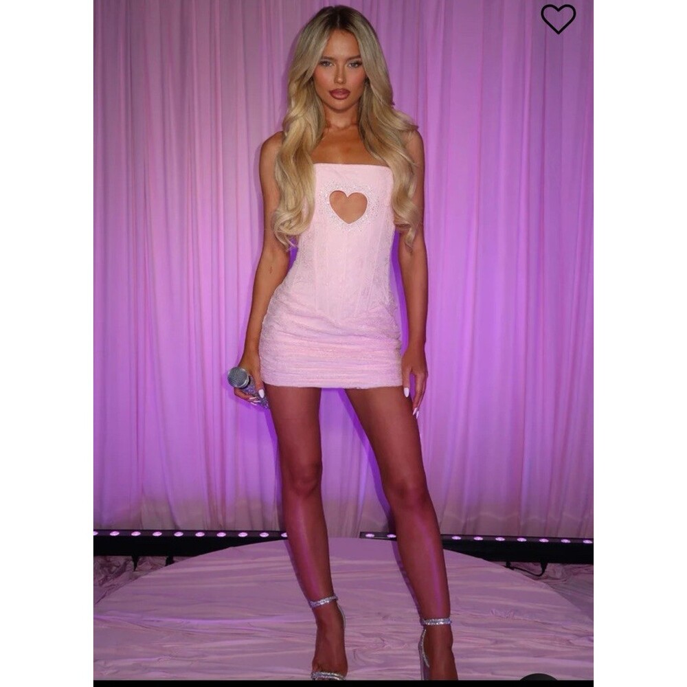 Thats So Fetch Pink Lace Heart Cutout Mini Dress Corset Rhinestone Coquette US 6